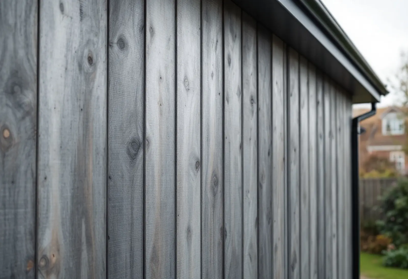 Façade d'extension de maison associant un bardage bois vertical grisaillé et des panneaux métalliques gris foncé, par temps couvert