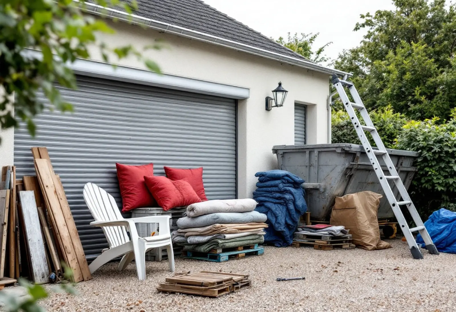 Échafaudage monté devant une maison de ville en granit gris à toiture d'ardoise, dans une rue étroite de centre ancien.